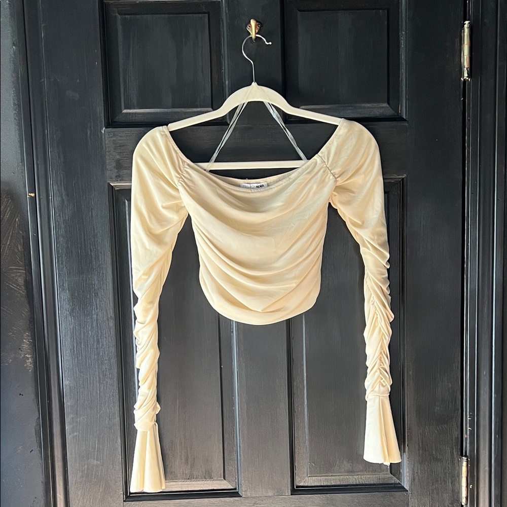 Fashion Nova Cream Ruched Sleeve Blouse